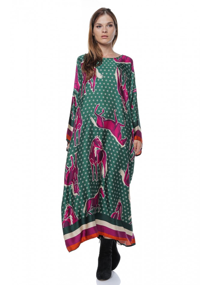 Rochie Luna, lunga, verde, cu imprimeu